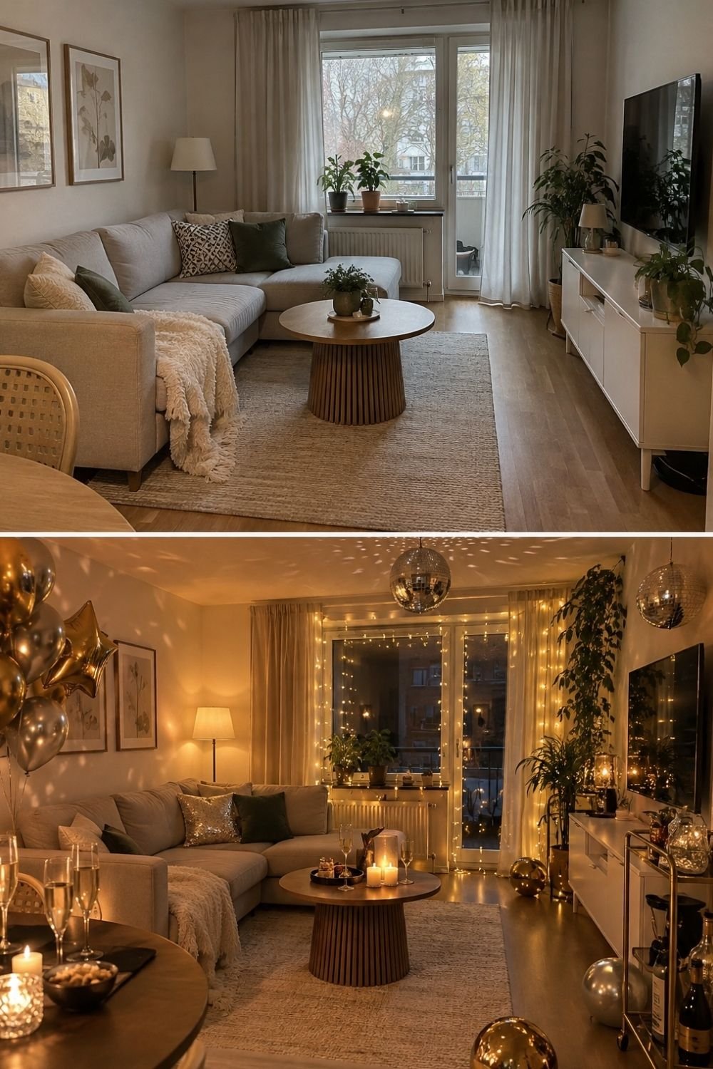 Before and after of a neutral living room decorated for New Year's Eve with gold balloons, disco balls, fairy lights and champagne glasses