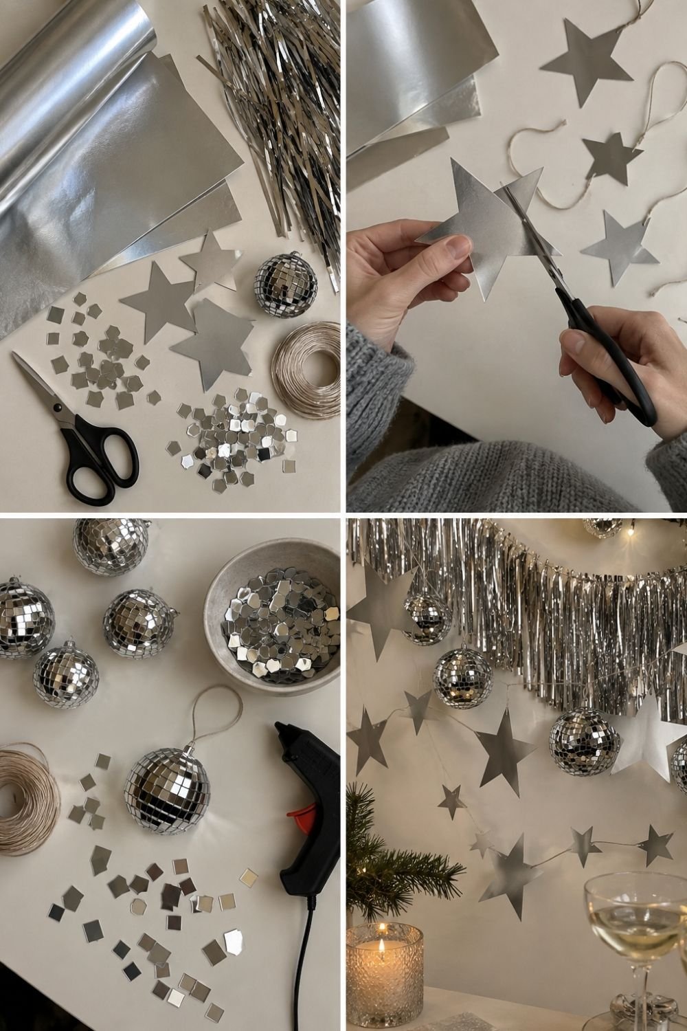Making DIY silver star garlands and mirror tile disco balls for New Year's Eve, and the finished sparkling wall