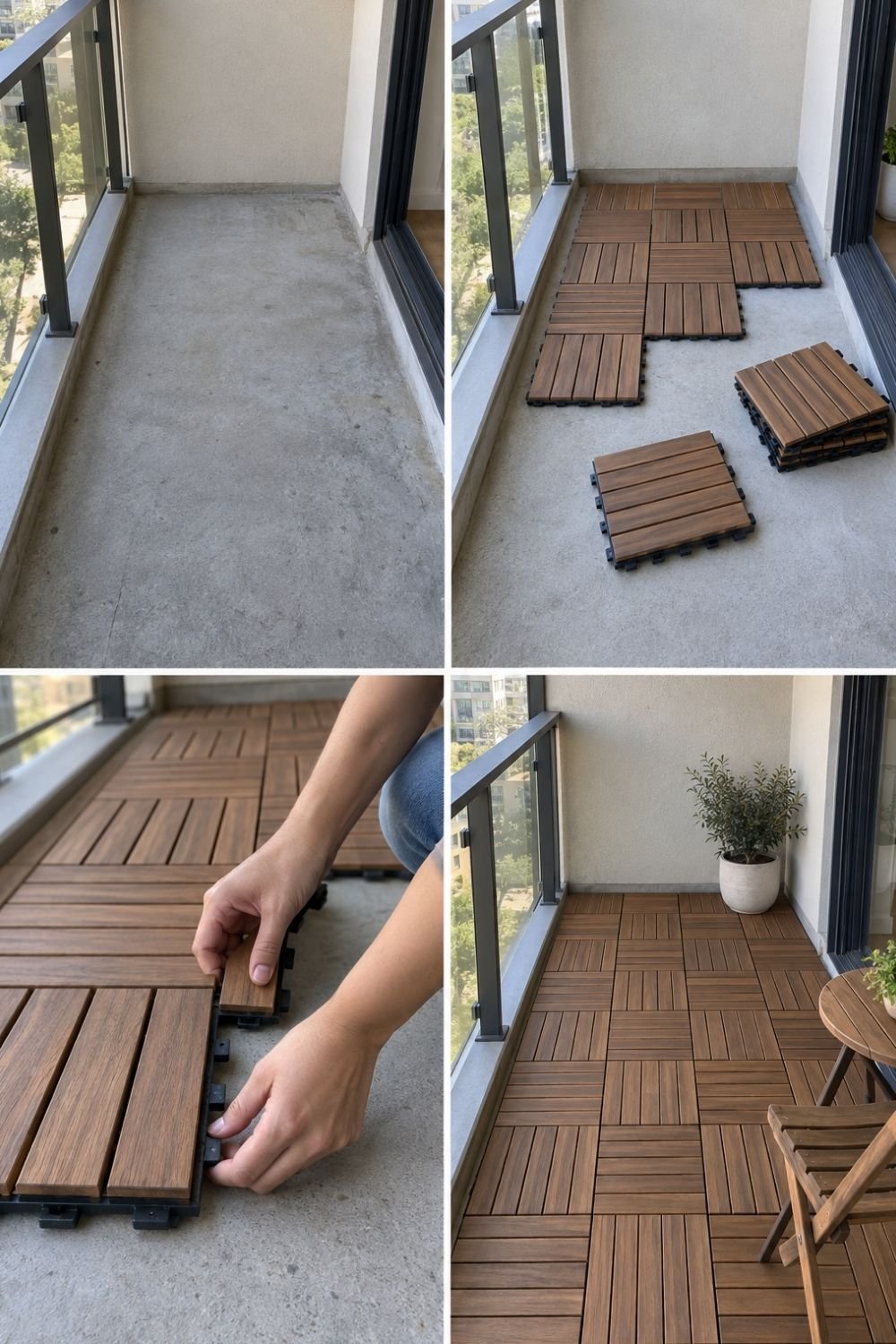 Four steps laying click-together wood deck tiles over the bare concrete floor of a narrow apartment balcony