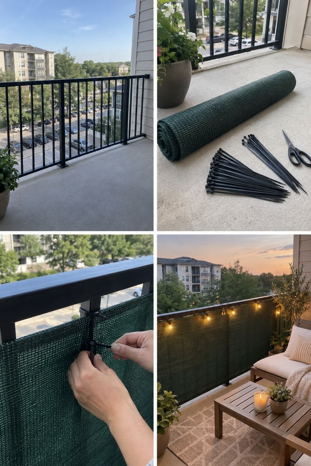 Attaching green privacy mesh to a balcony railing with zip ties, and the finished screened balcony at dusk with string lights