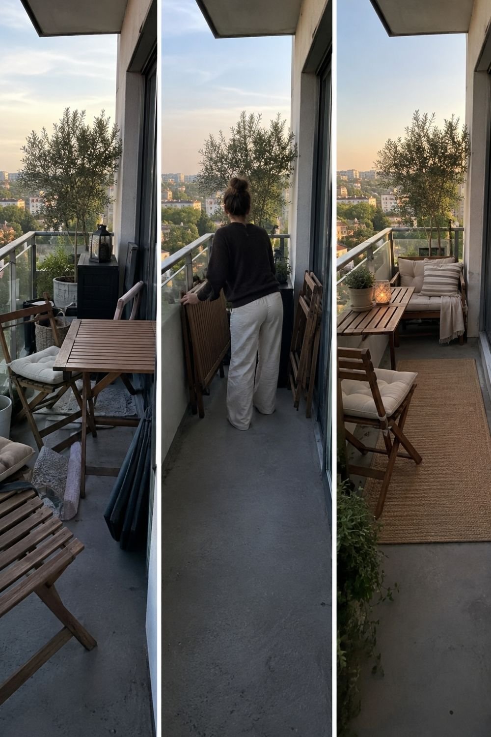 A cluttered narrow balcony tidied by folding the chairs away, leaving a jute runner, a bench and an olive tree