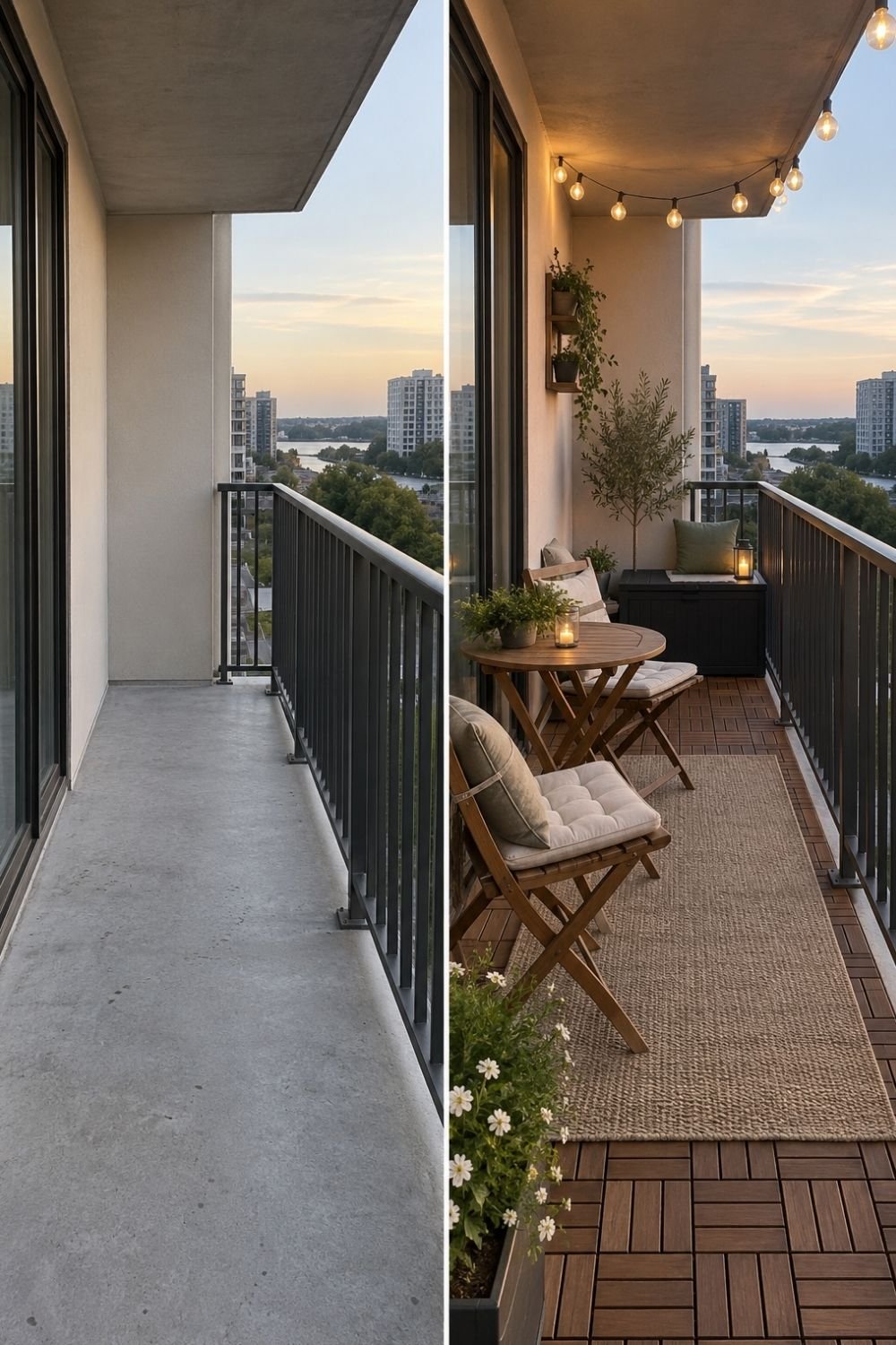 Before and after of a narrow rental balcony: bare concrete, then deck tiles, a jute rug, folding bistro set, olive tree and festoon lights