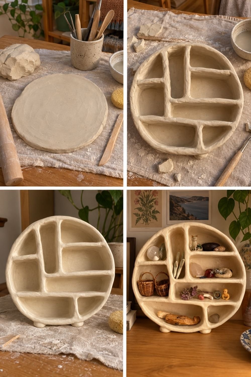 Making a round clay compartment shelf from a rolled slab, and the fired version filled with crystals and small keepsakes