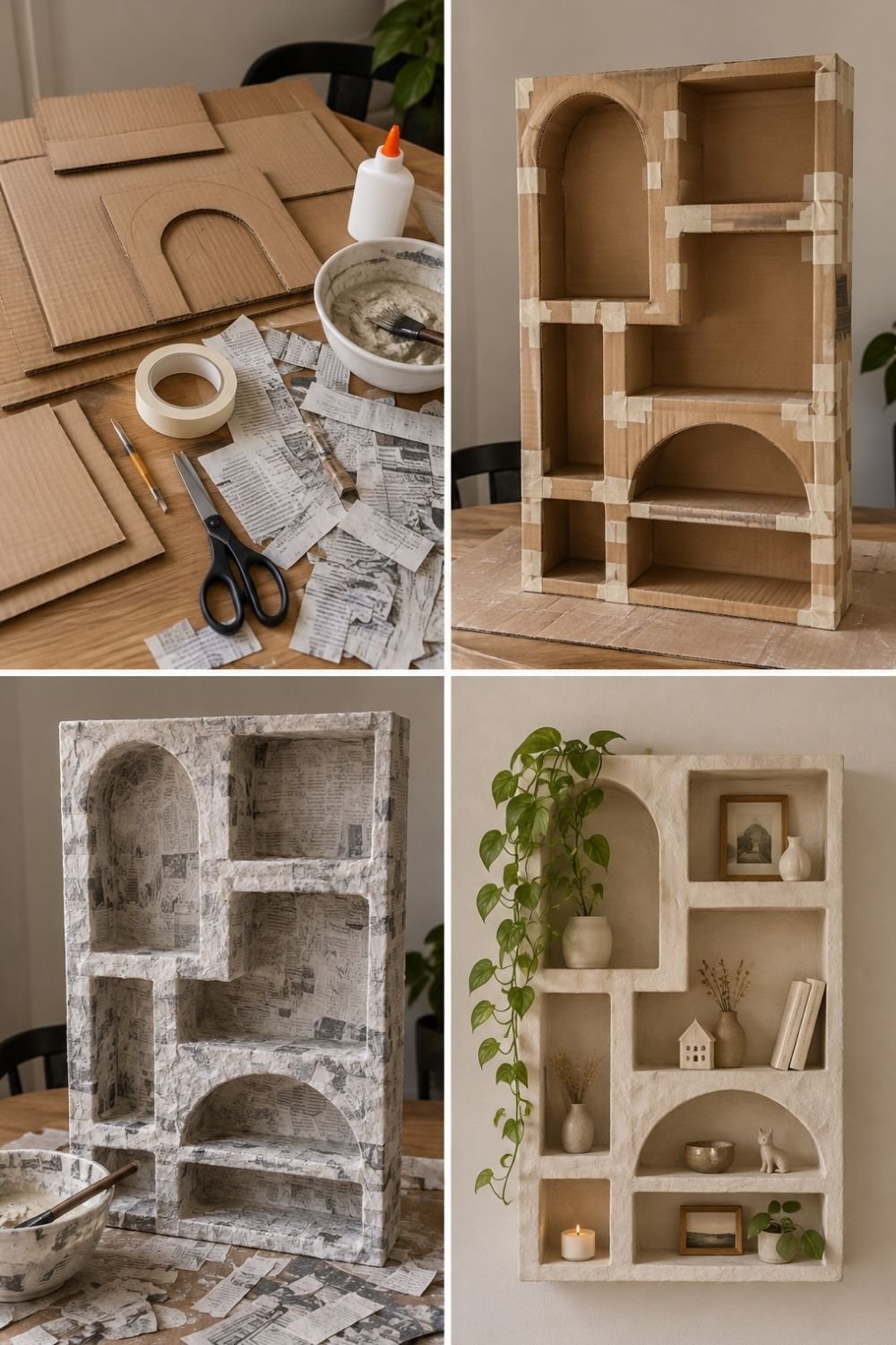 Building an arched compartment shelf from cardboard and papier mache, and the finished plaster-look wall piece