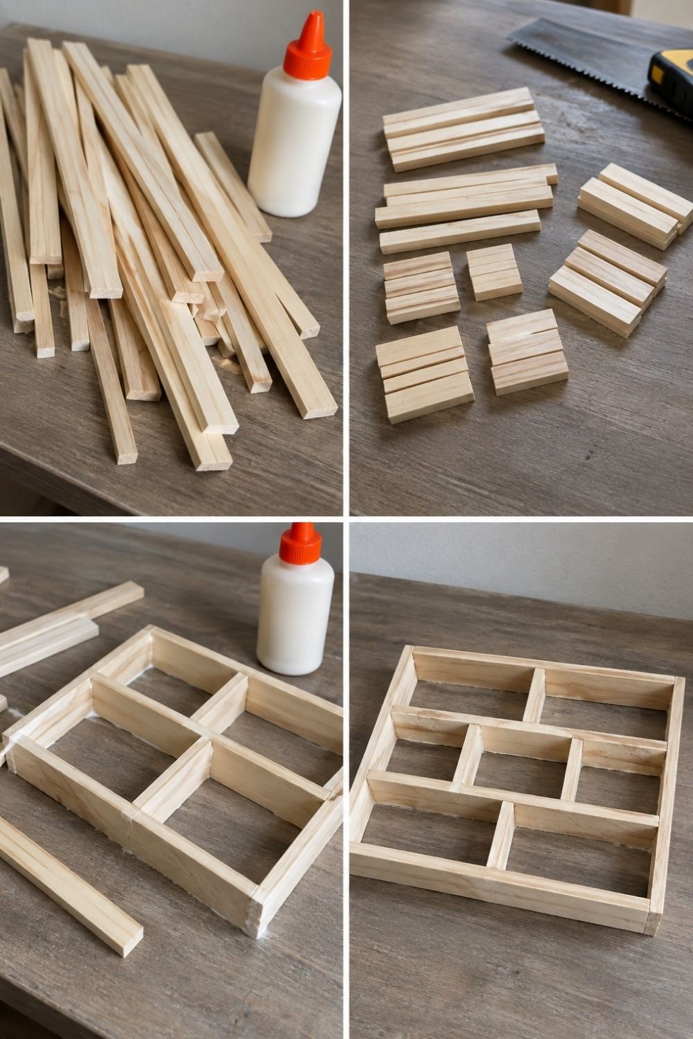 Gluing craft wood strips into a small compartment tray for rings, coins and other desk trinkets