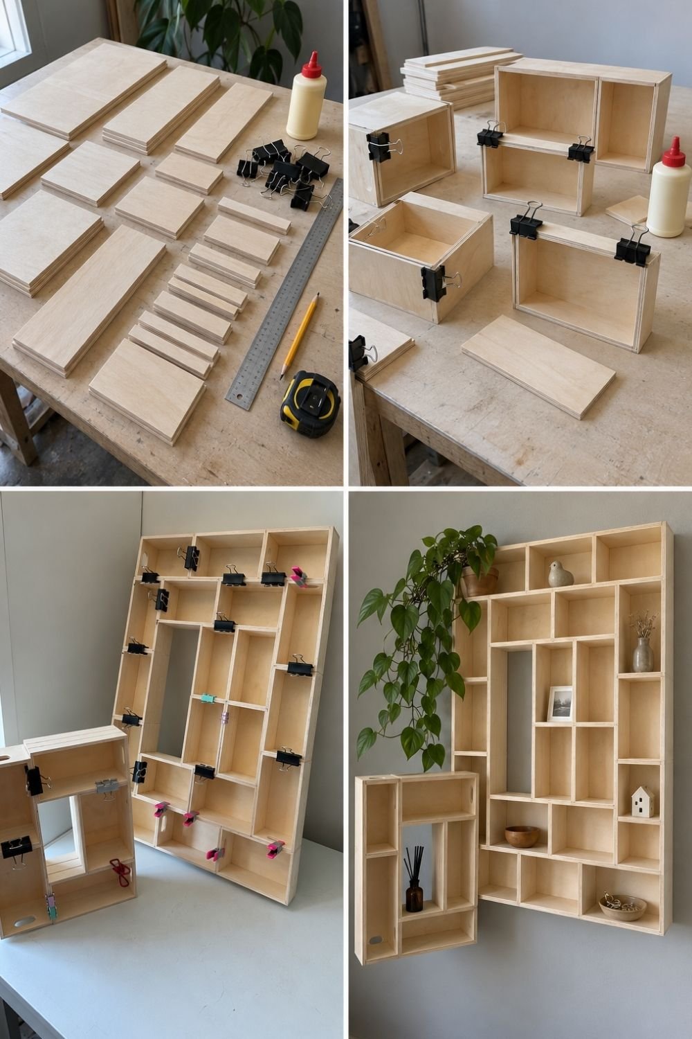 Building a large plywood compartment shelf from separate glued boxes, clamped with clips, and hung as one grid