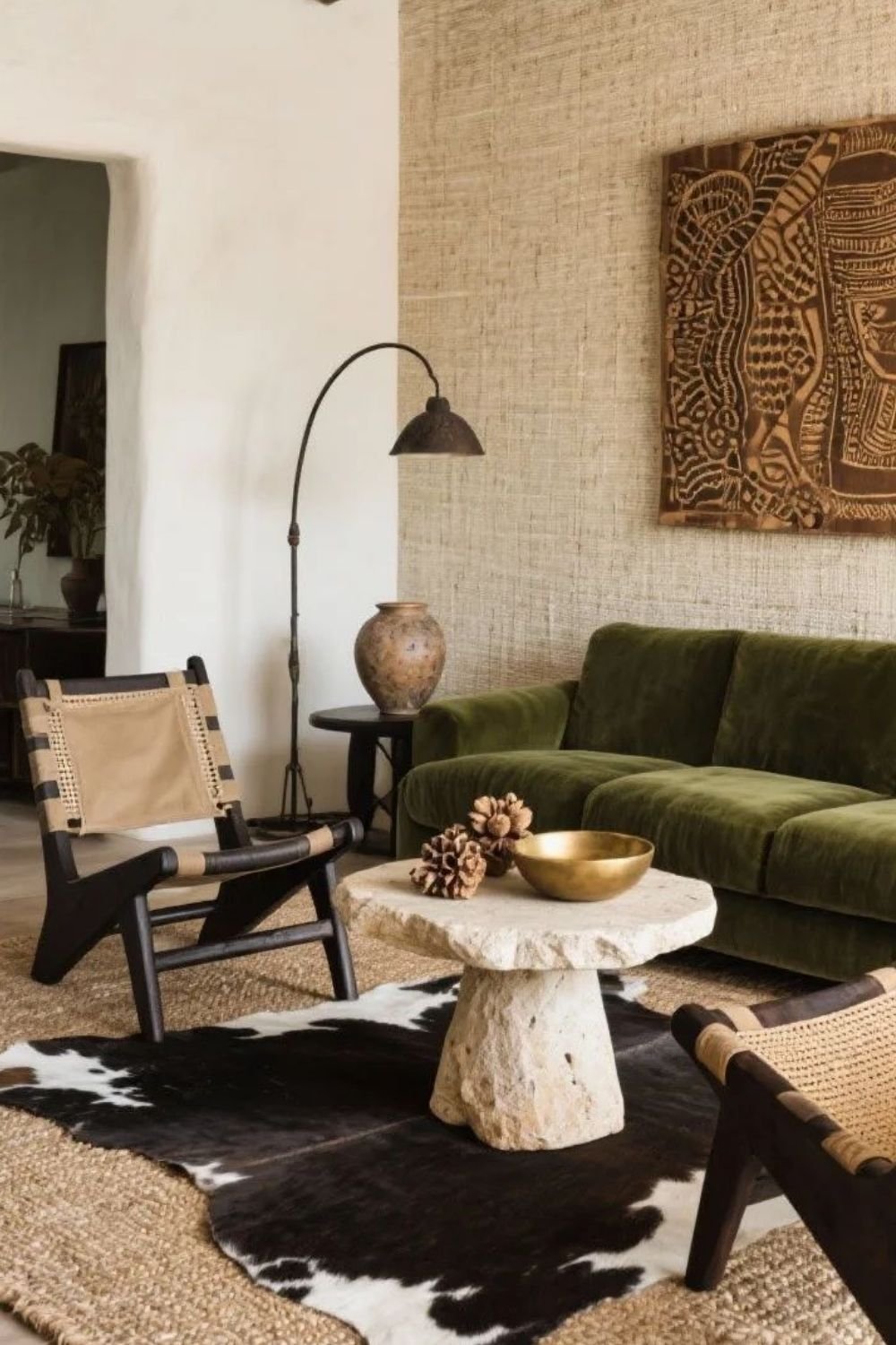 Afrohemian living room with a green velvet sofa, raffia clad wall, carved relief panel, woven sling chairs and a stone pedestal table