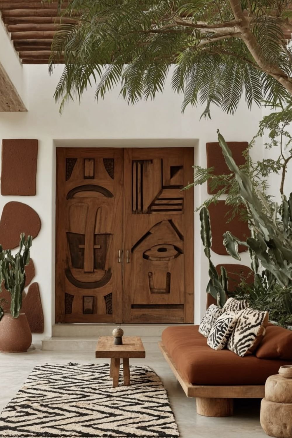 Carved wooden double doors with abstract relief, terracotta wall panels, a low wooden daybed and a zigzag rug