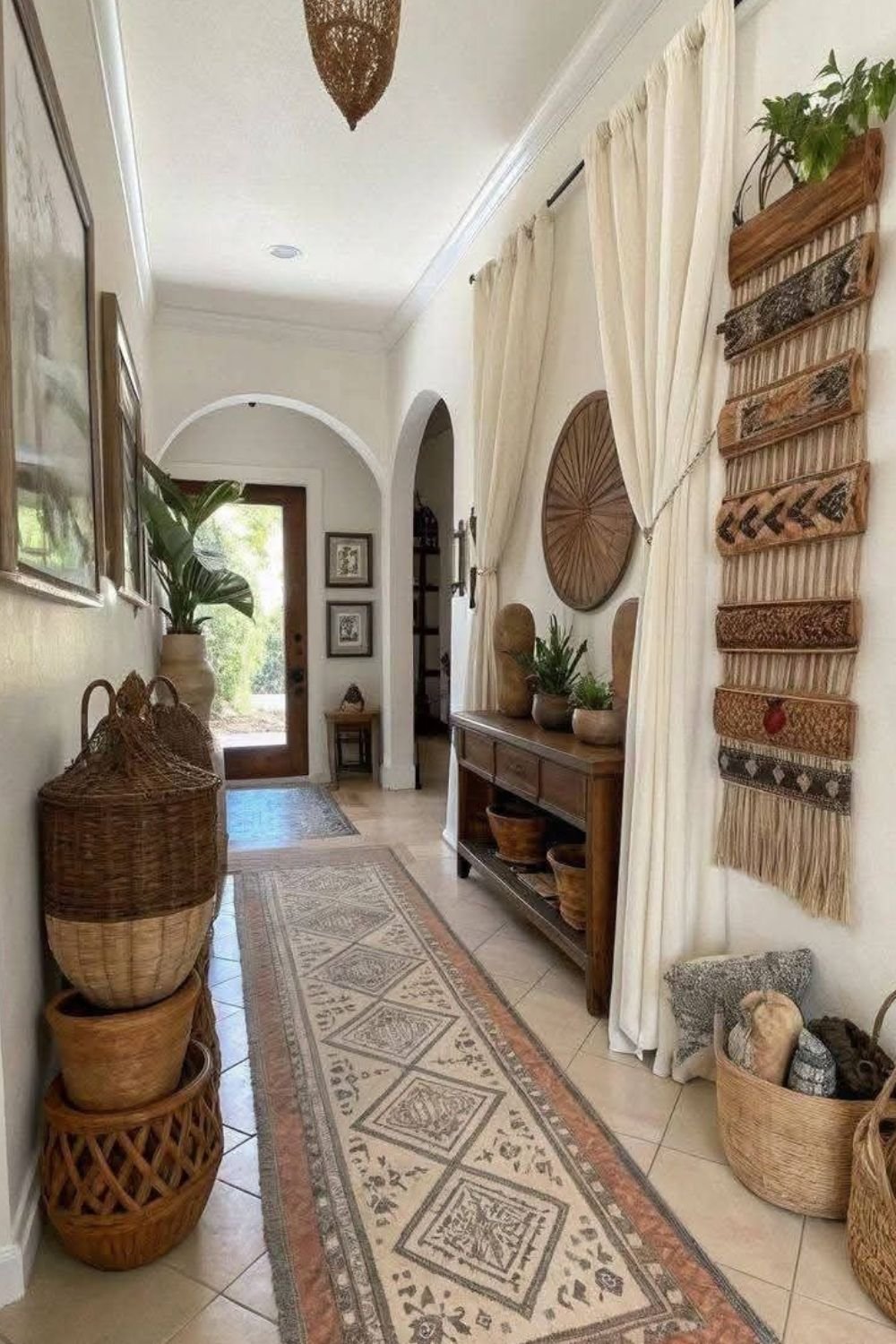 Entryway layered with stacked woven baskets, a runner rug, a textile wall hanging and a woven pendant light