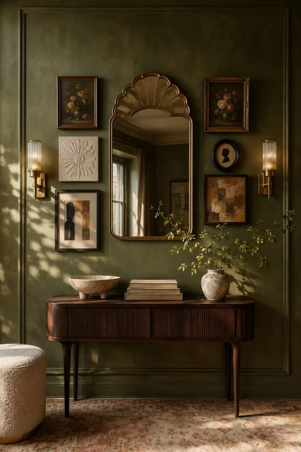 Neo deco entryway with olive plaster walls, a scalloped brass arch mirror, fluted sconces and a reeded dark wood console