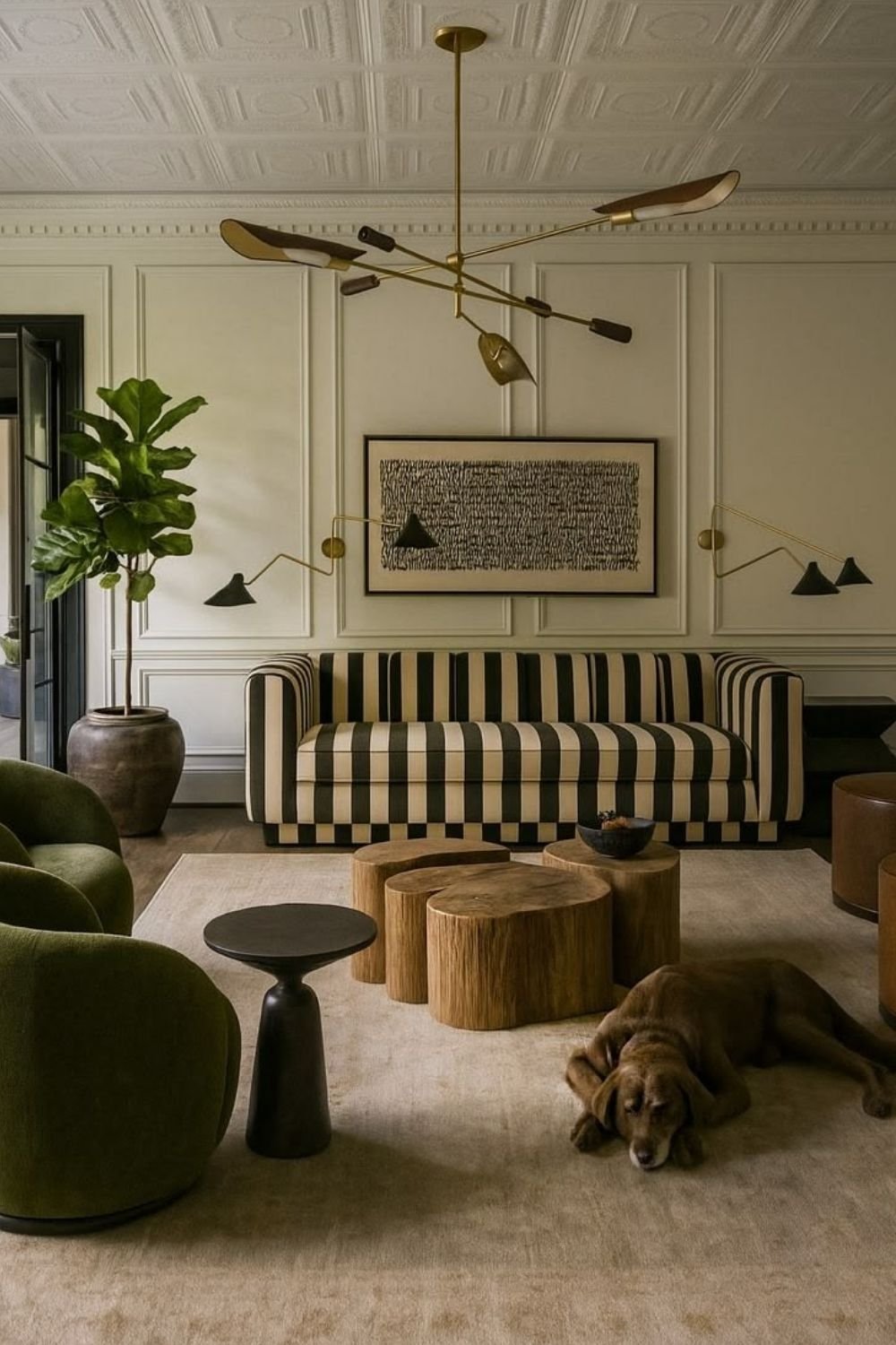 Living room with a black and cream striped channel tufted sofa, brass lighting, green mohair chairs and wood stump tables
