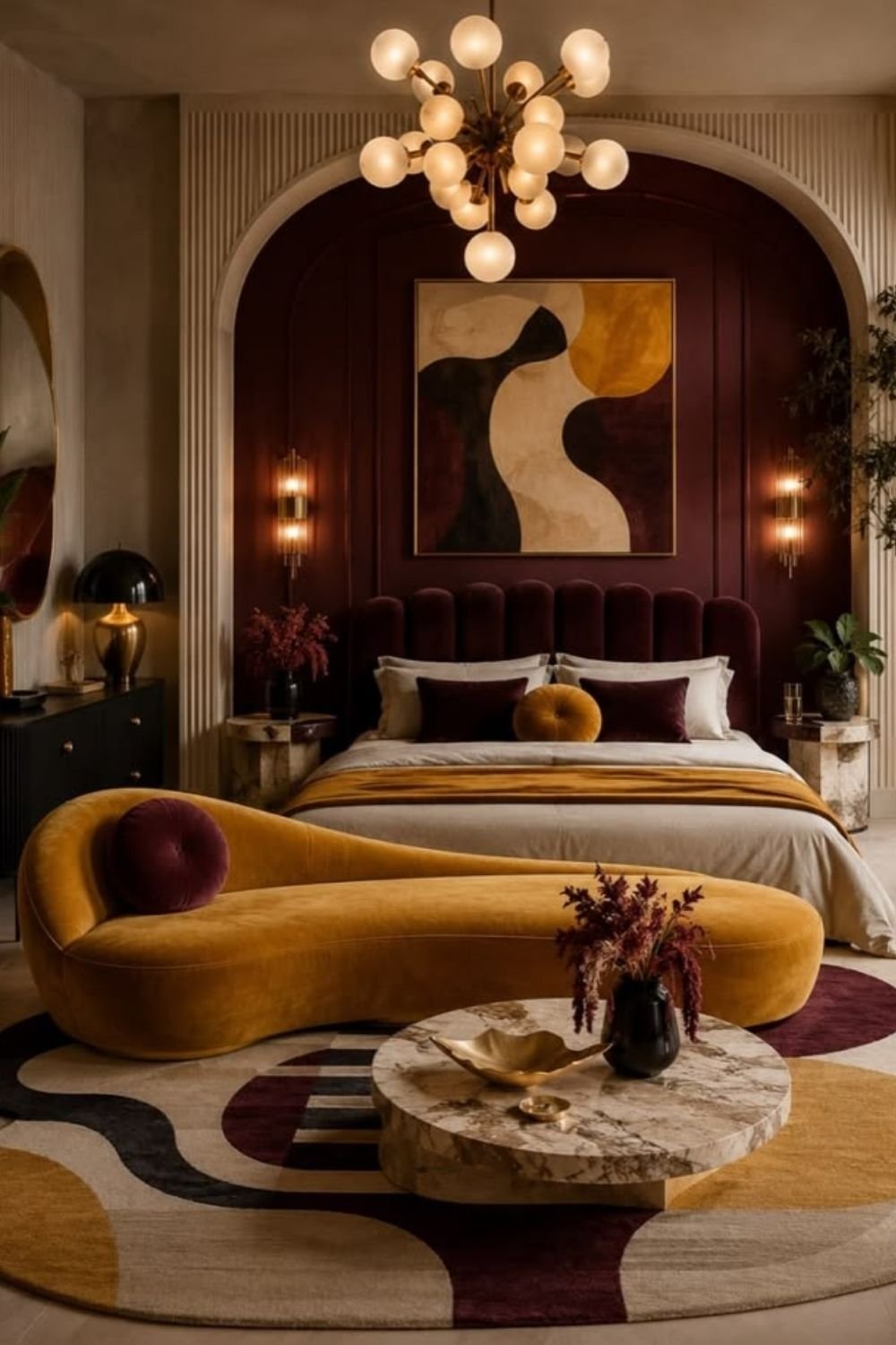 Jewel tone bedroom with a burgundy arched alcove, channel tufted velvet headboard, globe chandelier and mustard curved sofa