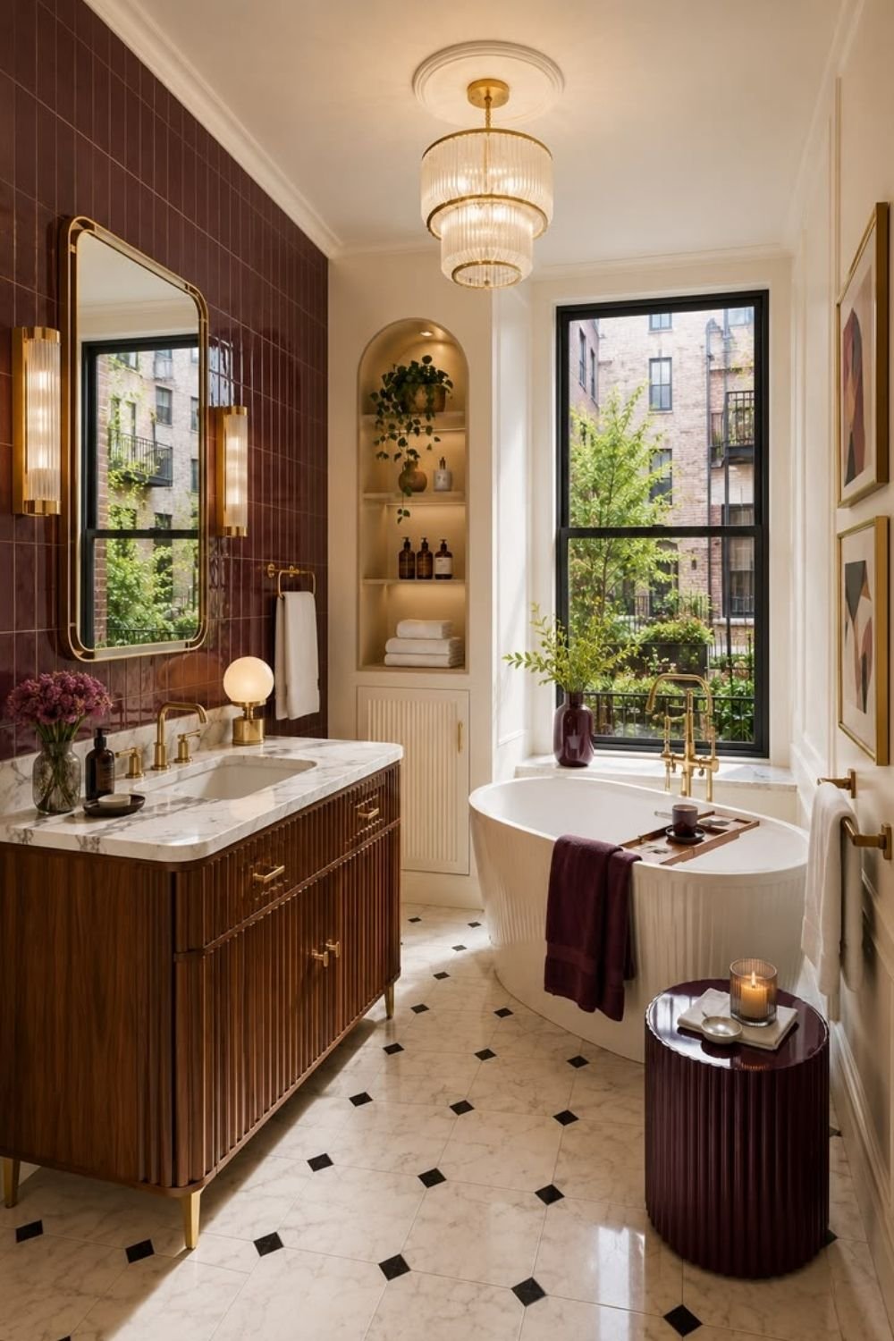 Bathroom with burgundy gloss tile, a fluted walnut vanity, fluted freestanding tub and brass tube sconces
