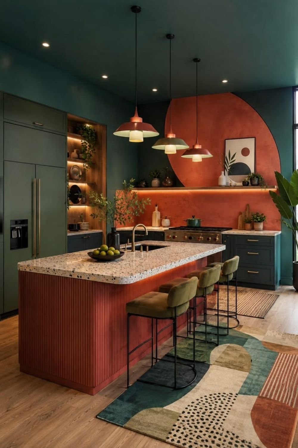 Teal and terracotta kitchen with a painted arch, a fluted island topped in terrazzo and olive velvet bar stools