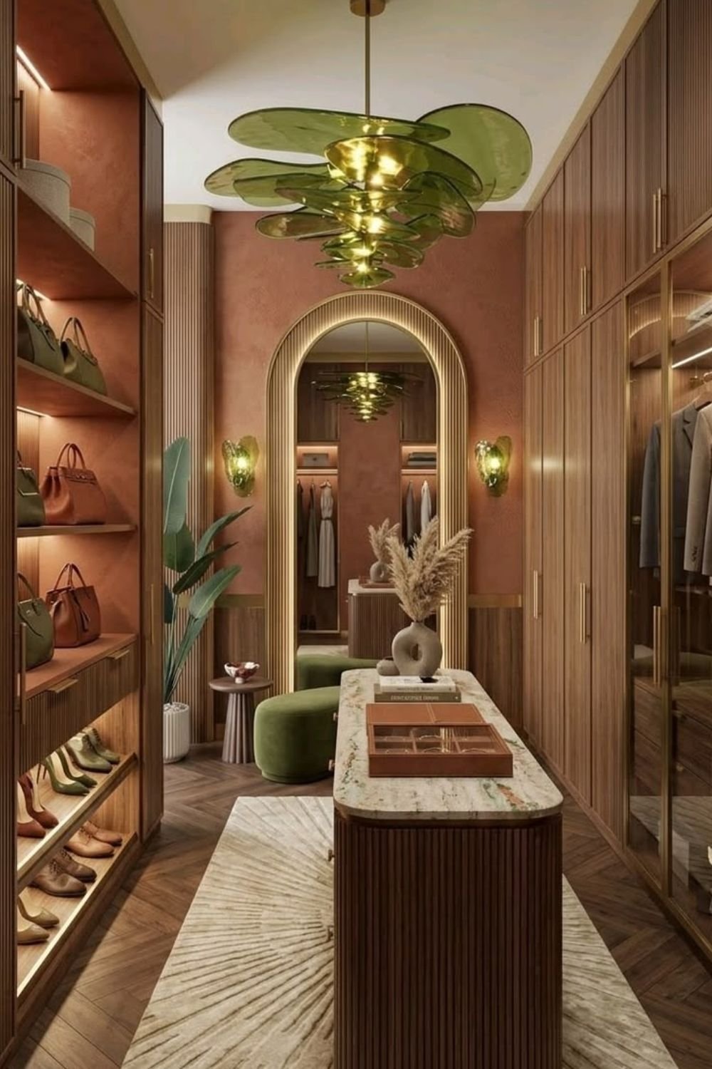 Dressing room with terracotta plaster walls, an arched brass mirror, green glass petal chandelier and fluted cabinetry