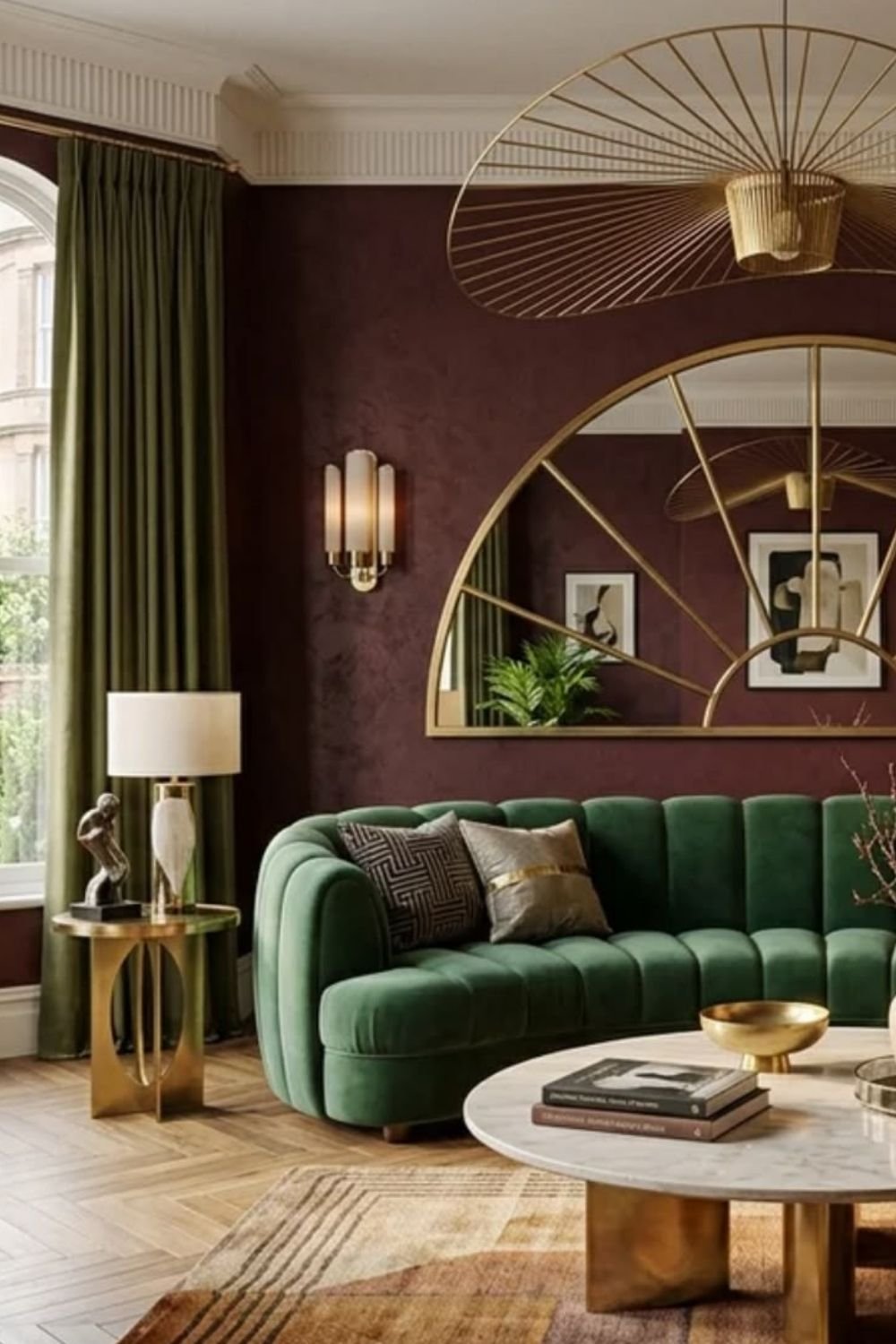 Plum living room with a green velvet curved sofa, brass fan mirror, brass fan pendant and a marble coffee table
