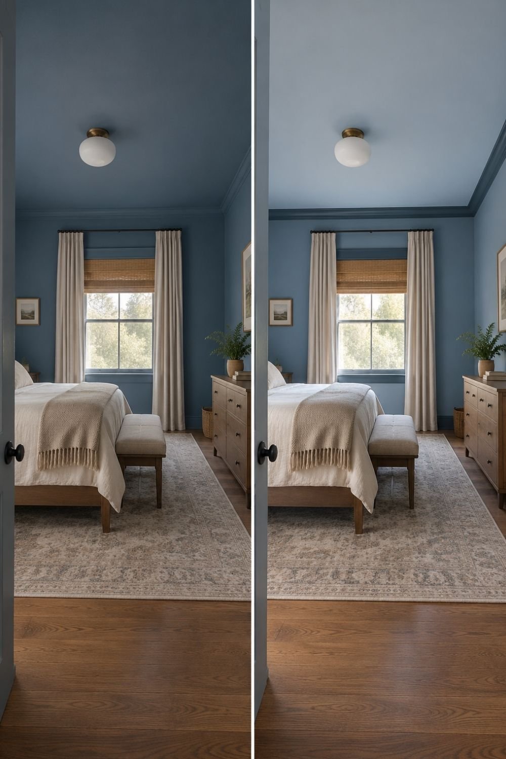 The same blue bedroom shown twice, with a full strength blue ceiling on the left and a lighter tonal ceiling on the right