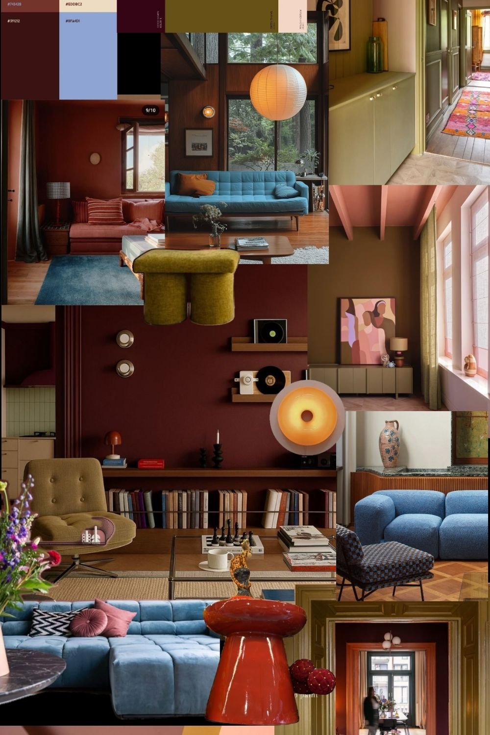 Mood board of color drenched interiors in burgundy, periwinkle, olive and peach with paint swatches