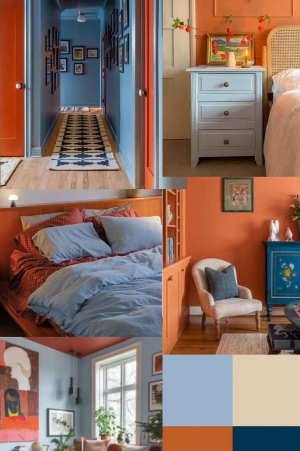 Mood board pairing blue and orange: a blue hallway with orange doors, an orange bedroom with a blue cabinet and a swatch block