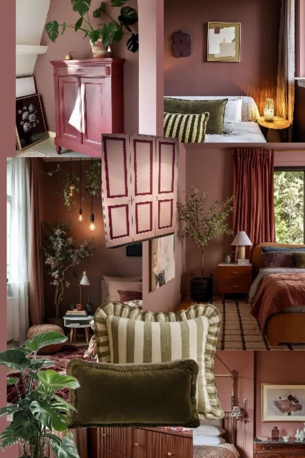 Mood board of dusty pink and mauve rooms accented with olive and rust textiles