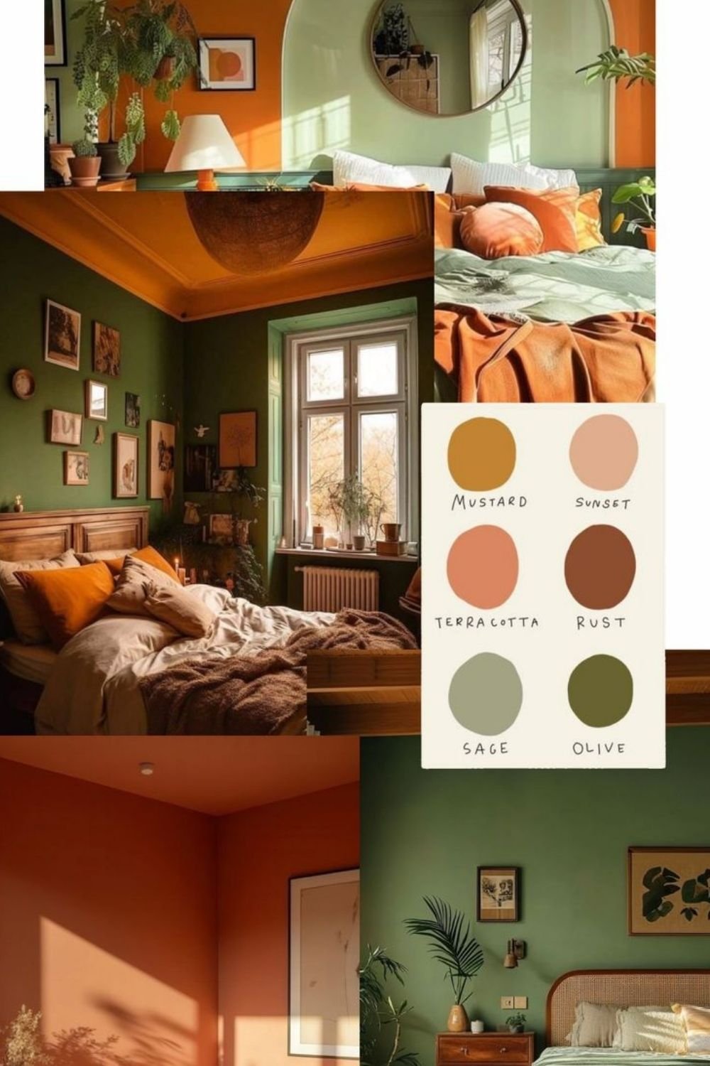Mood board of green and terracotta drenched rooms with a swatch card of mustard, sunset, terracotta, rust, sage and olive
