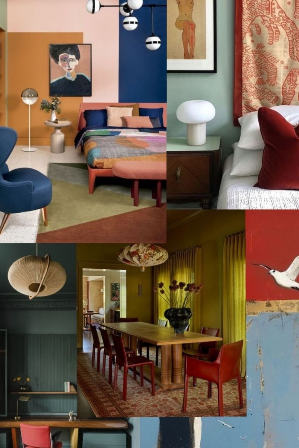 Mood board of color blocked rooms: an apricot and navy bedroom wall, an olive dining room with red chairs and a teal study